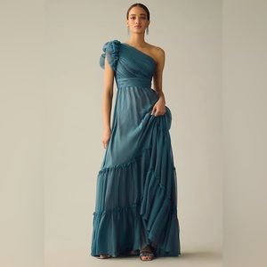 Mac Duggal Organza One-Shoulder Pleated Tiered Gown Anthropologie
